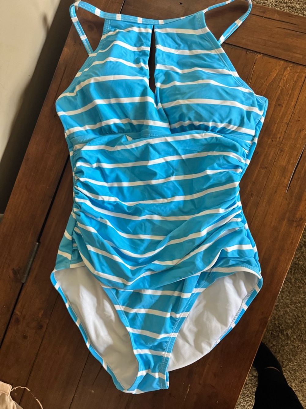 Amazon Blue and White Striped One-Piece Swimsuit Medium